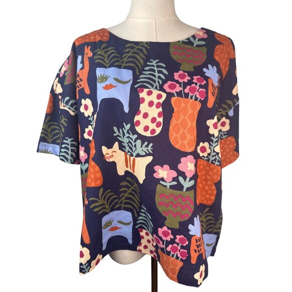 Princess Highway Size 10 Cat Vase Print Top Relaxed Fit Short Sleeve NWT - Picture 5 of 12